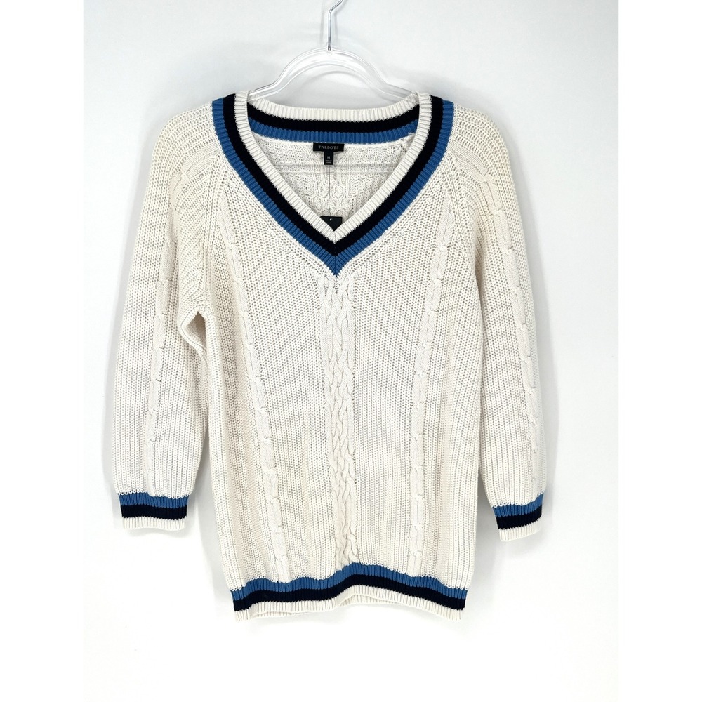 Womens M Cable Knit V Neck Sweater Ivory Blue Cricket Nautical Preppy Coastal